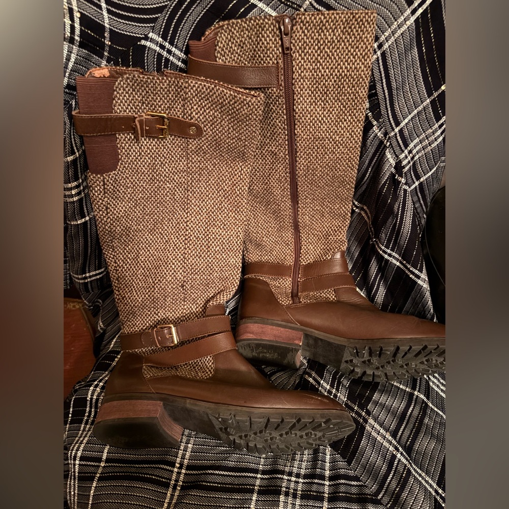 Brown Tweed Knee-High Boots with Buckle - Picture 4 of 6